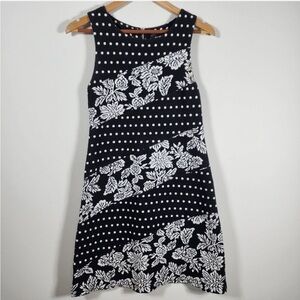 Maeve Anthropologie Polka Dot Floral Mini Shift Dress Black White Size M